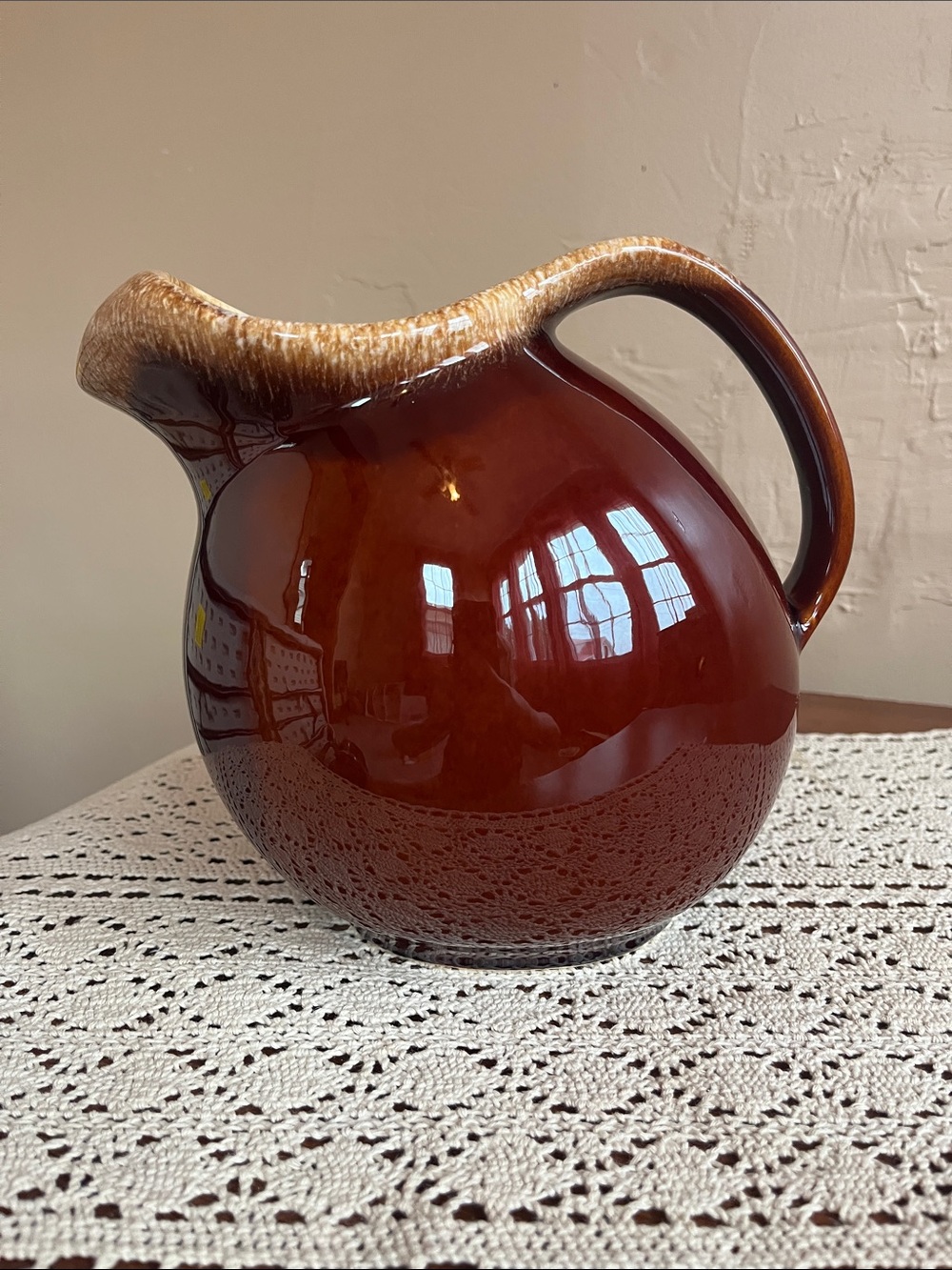 Glossy Brown Ceramic Pitcher with Cream Rim - Home Art Ceramics